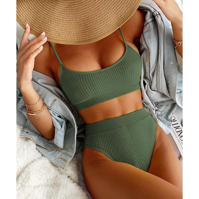 High Waist Bikinis Swimwear Women Push Up Swimsuits Solid High Waist Bikini Sets Sporty Two Pieces Swimsuit Scoop Neck Bathing Suits for Women Ribbed Bathing Suits High Cut Summer Beachwear Stevvex