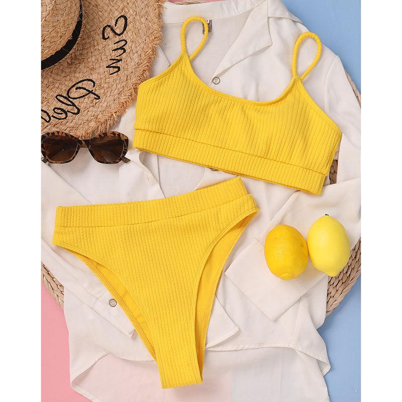 High Waist Bikinis Swimwear Women Push Up Swimsuits Solid High Waist Bikini Sets Sporty Two Pieces Swimsuit Scoop Neck Bathing Suits for Women Ribbed Bathing Suits High Cut Summer Beachwear Stevvex