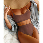 High Waist Bikinis Swimwear Women Push Up Swimsuits Solid High Waist Bikini Sets Sporty Two Pieces Swimsuit Scoop Neck Bathing Suits for Women Ribbed Bathing Suits High Cut Summer Beachwear Stevvex