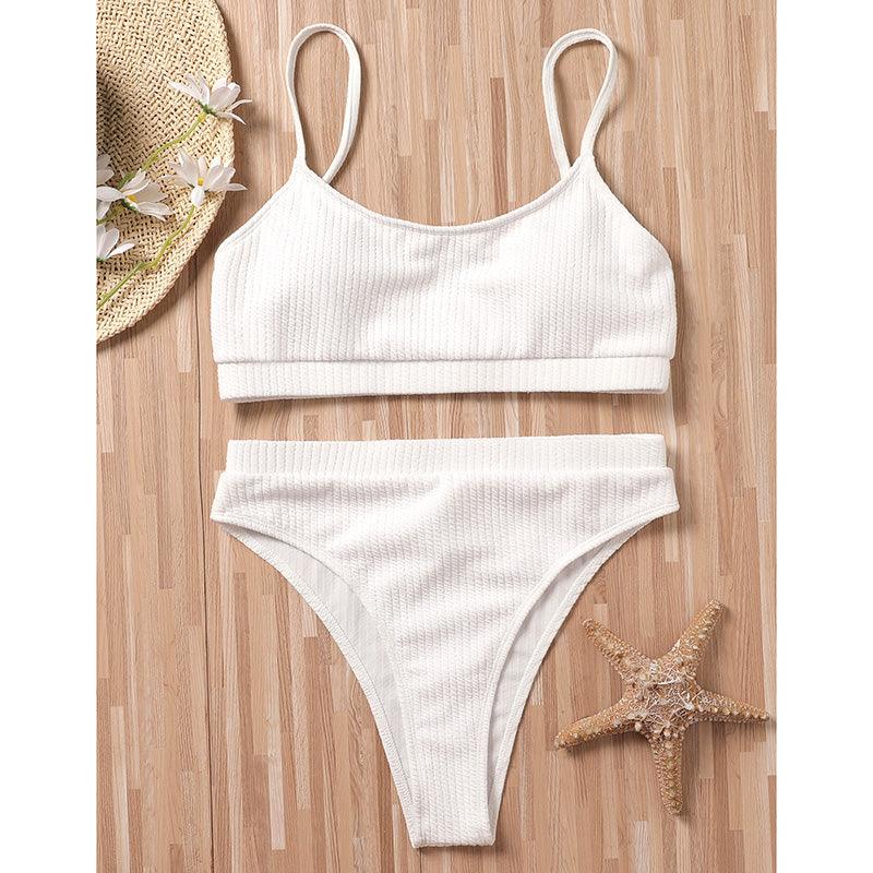 High Waist Bikinis Swimwear Women Push Up Swimsuits Solid High Waist Bikini Sets Sporty Two Pieces Swimsuit Scoop Neck Bathing Suits for Women Ribbed Bathing Suits High Cut Summer Beachwear Stevvex
