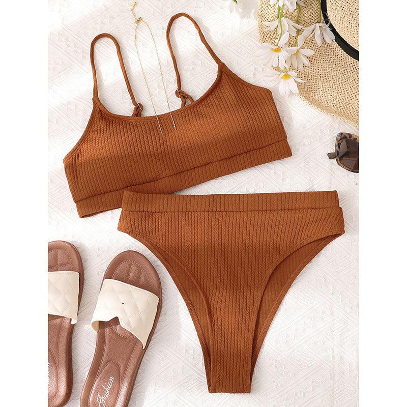 High Waist Bikinis Swimwear Women Push Up Swimsuits Solid High Waist Bikini Sets Sporty Two Pieces Swimsuit Scoop Neck Bathing Suits for Women Ribbed Bathing Suits High Cut Summer Beachwear Stevvex