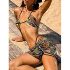 High Waist Mesh Skirt Swimsuit Triangle Micro Bikini Set 3-Piece High Cut Swimwear Women's Bikini Swimsuits With Wrap Skirt, 3 Pieces Strings High Cut Bikini Set Bathing Suits Women Vintage Print Bathing Suit Stevvex