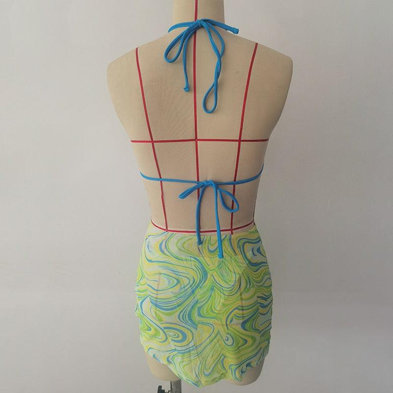 High Waist Mesh Skirt Swimsuit Triangle Micro Bikini Set 3-Piece High Cut Swimwear Women's Bikini Swimsuits With Wrap Skirt, 3 Pieces Strings High Cut Bikini Set Bathing Suits Women Vintage Print Bathing Suit Stevvex
