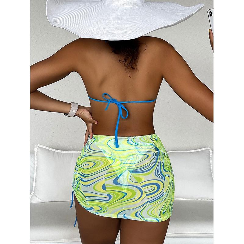 High Waist Mesh Skirt Swimsuit Triangle Micro Bikini Set 3-Piece High Cut Swimwear Women's Bikini Swimsuits With Wrap Skirt, 3 Pieces Strings High Cut Bikini Set Bathing Suits Women Vintage Print Bathing Suit Stevvex