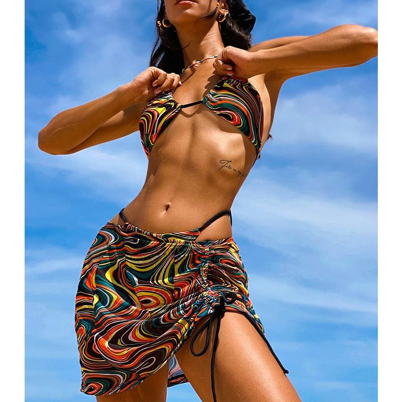High Waist Mesh Skirt Swimsuit Triangle Micro Bikini Set 3-Piece High Cut Swimwear Women's Bikini Swimsuits With Wrap Skirt, 3 Pieces Strings High Cut Bikini Set Bathing Suits Women Vintage Print Bathing Suit Stevvex