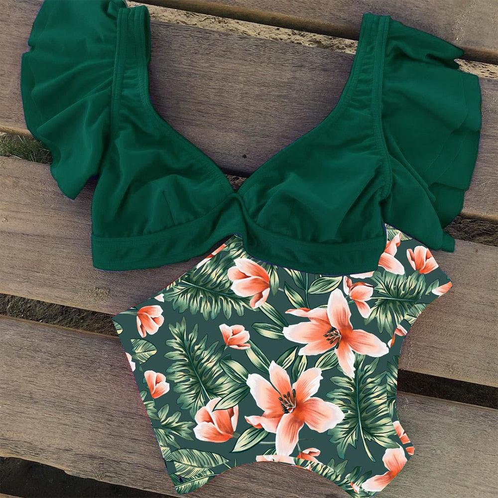 High Waist Ruffled Bikini Set Flounce Swimwear Women Two Pieces Swimsuit Swimsuit for Women Two Pieces Bathing Suits Tummy Control Flounce Top with High Waist Bottom Floral Beachwear V-neck Bathing Suit Stevvex