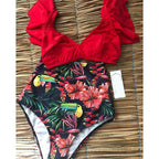 High Waist Ruffled Bikini Set Flounce Swimwear Women Two Pieces Swimsuit Swimsuit for Women Two Pieces Bathing Suits Tummy Control Flounce Top with High Waist Bottom Floral Beachwear V-neck Bathing Suit Stevvex