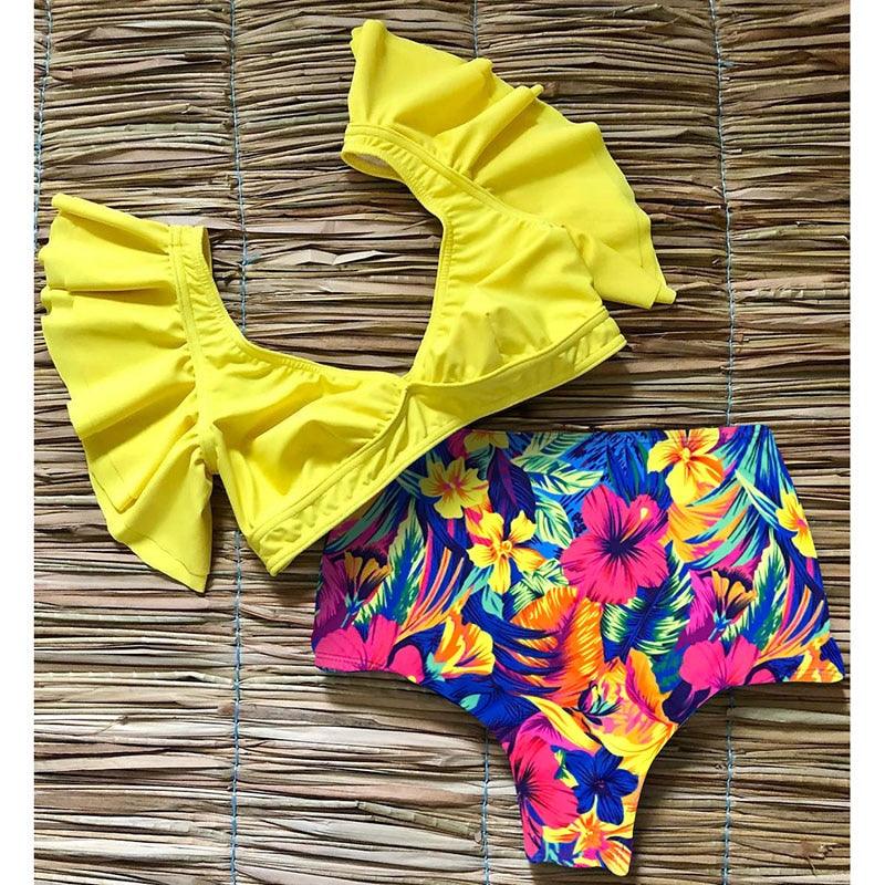 High Waist Ruffled Bikini Set Flounce Swimwear Women Two Pieces Swimsuit Swimsuit for Women Two Pieces Bathing Suits Tummy Control Flounce Top with High Waist Bottom Floral Beachwear V-neck Bathing Suit Stevvex