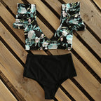 High Waist Ruffled Bikini Set Flounce Swimwear Women Two Pieces Swimsuit Swimsuit for Women Two Pieces Bathing Suits Tummy Control Flounce Top with High Waist Bottom Floral Beachwear V-neck Bathing Suit Stevvex