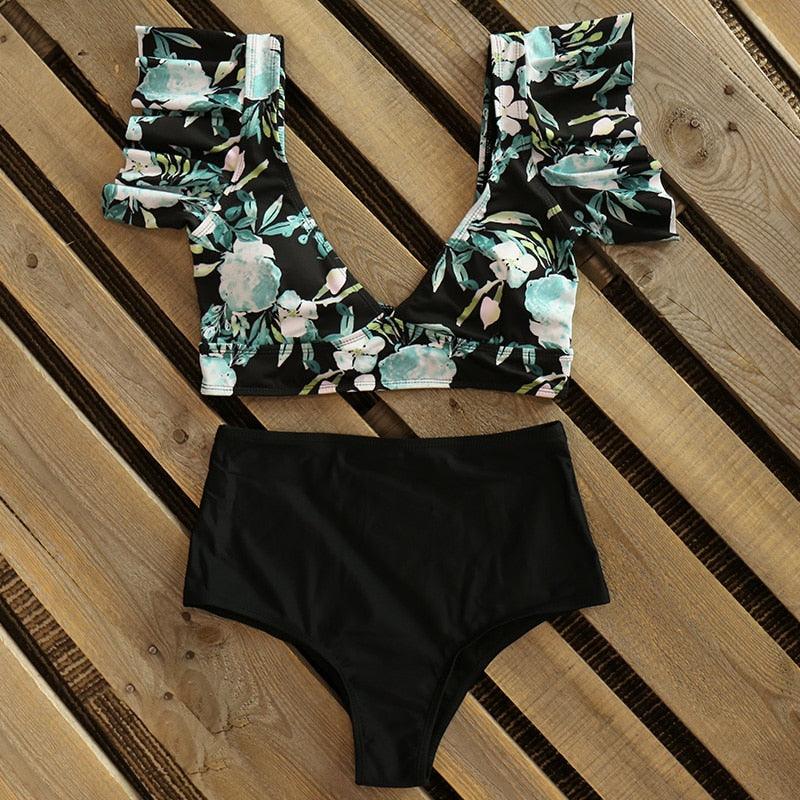 High Waist Ruffled Bikini Set Flounce Swimwear Women Two Pieces Swimsuit Swimsuit for Women Two Pieces Bathing Suits Tummy Control Flounce Top with High Waist Bottom Floral Beachwear V-neck Bathing Suit Stevvex