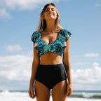 High Waist Ruffled Bikini Set Flounce Swimwear Women Two Pieces Swimsuit Swimsuit for Women Two Pieces Bathing Suits Tummy Control Flounce Top with High Waist Bottom Floral Beachwear V-neck Bathing Suit Stevvex