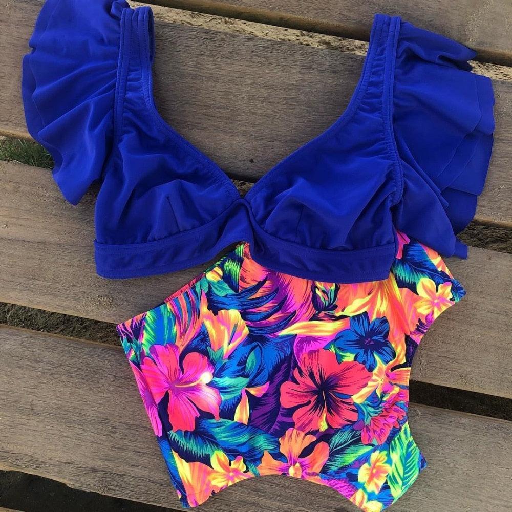High Waist Ruffled Bikini Set Flounce Swimwear Women Two Pieces Swimsuit Swimsuit for Women Two Pieces Bathing Suits Tummy Control Flounce Top with High Waist Bottom Floral Beachwear V-neck Bathing Suit Stevvex