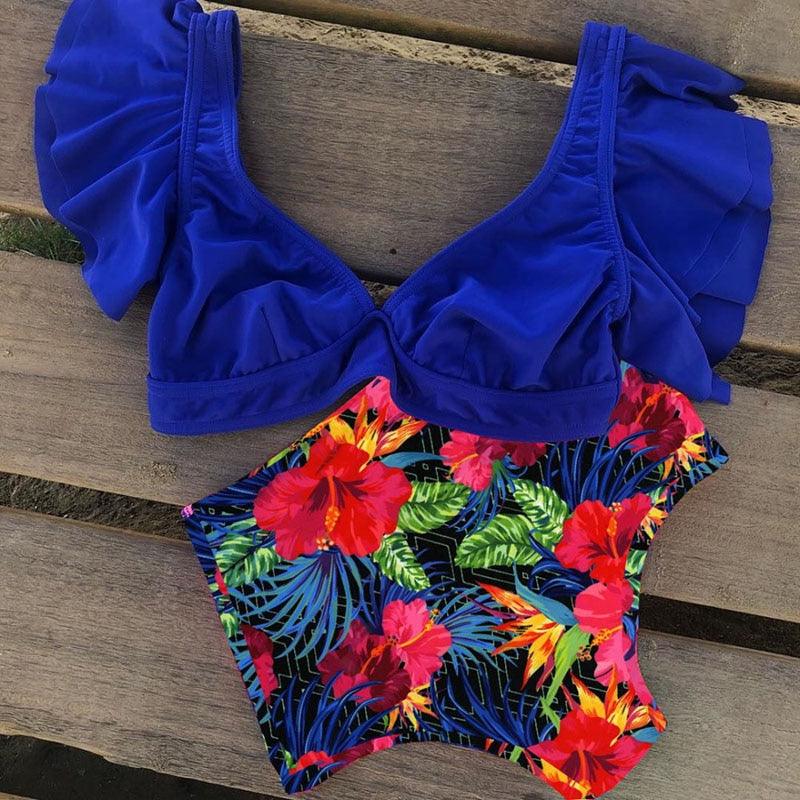 High Waist Ruffled Bikini Set Flounce Swimwear Women Two Pieces Swimsuit Swimsuit for Women Two Pieces Bathing Suits Tummy Control Flounce Top with High Waist Bottom Floral Beachwear V-neck Bathing Suit Stevvex
