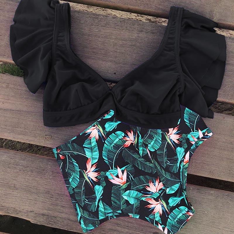 High Waist Ruffled Bikini Set Flounce Swimwear Women Two Pieces Swimsuit Swimsuit for Women Two Pieces Bathing Suits Tummy Control Flounce Top with High Waist Bottom Floral Beachwear V-neck Bathing Suit Stevvex