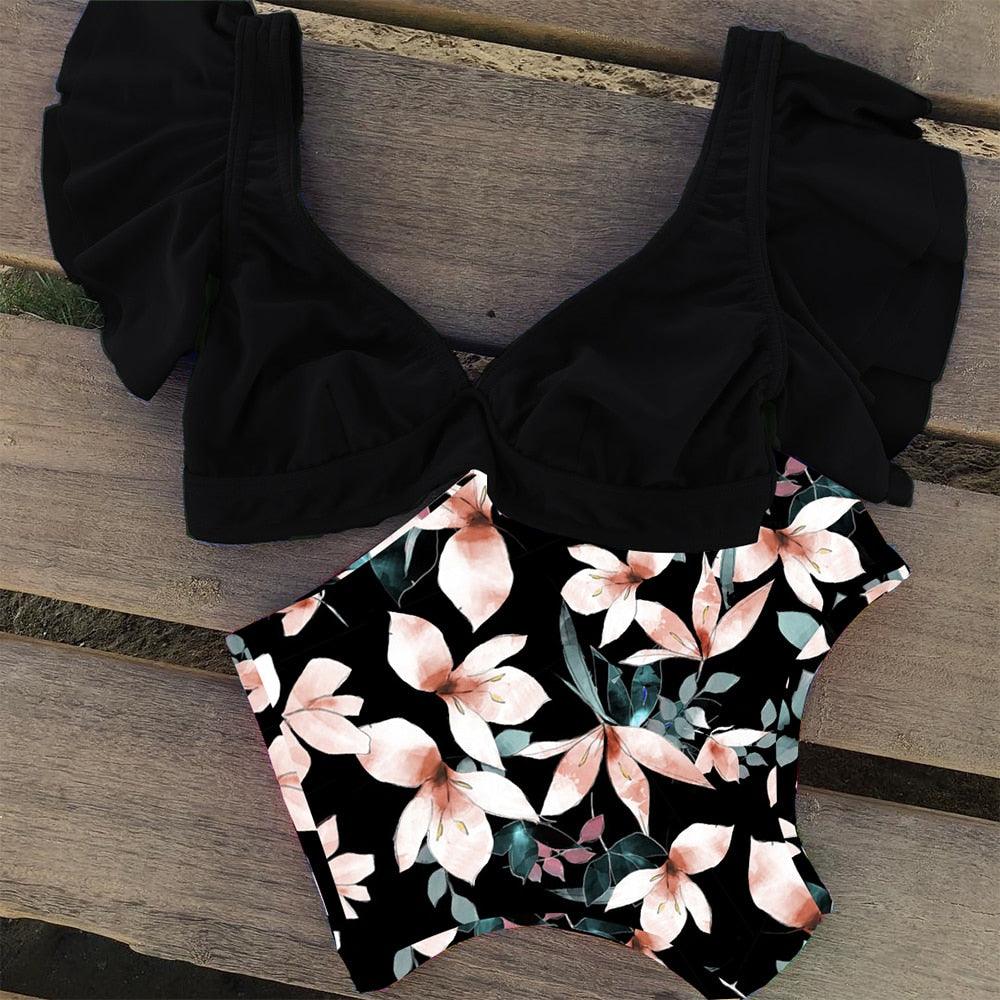 High Waist Ruffled Bikini Set Flounce Swimwear Women Two Pieces Swimsuit Swimsuit for Women Two Pieces Bathing Suits Tummy Control Flounce Top with High Waist Bottom Floral Beachwear V-neck Bathing Suit Stevvex