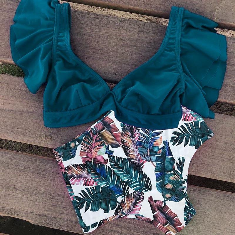 High Waist Ruffled Bikini Set Flounce Swimwear Women Two Pieces Swimsuit Swimsuit for Women Two Pieces Bathing Suits Tummy Control Flounce Top with High Waist Bottom Floral Beachwear V-neck Bathing Suit Stevvex