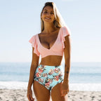 High Waist Ruffled Bikini Set Flounce Swimwear Women Two Pieces Swimsuit Swimsuit for Women Two Pieces Bathing Suits Tummy Control Flounce Top with High Waist Bottom Floral Beachwear V-neck Bathing Suit Stevvex