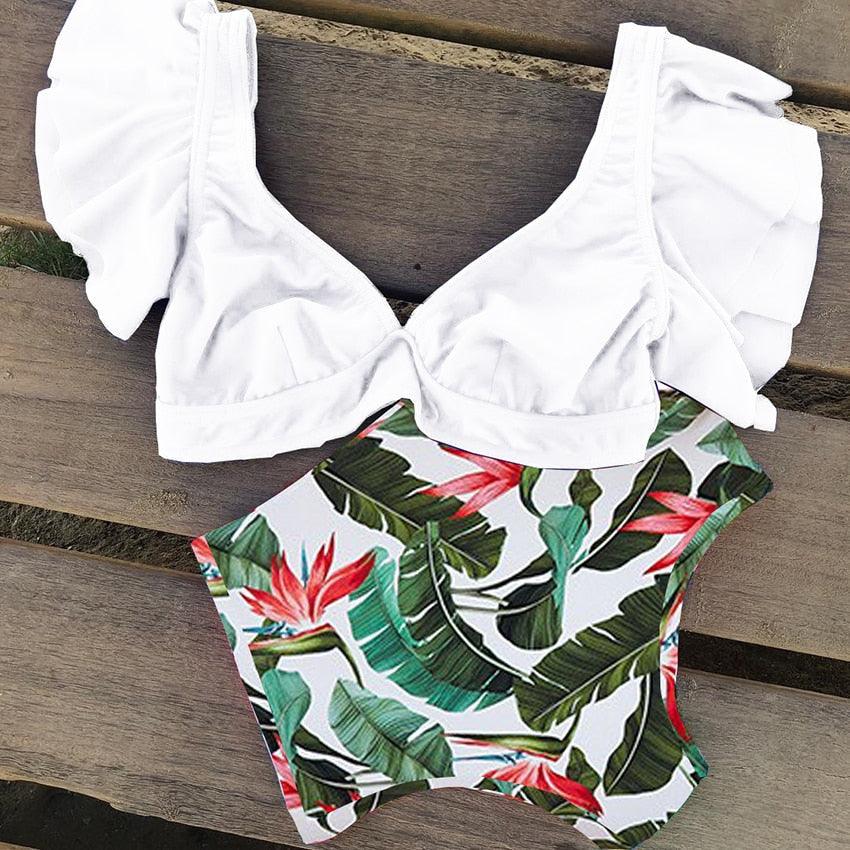 High Waist Ruffled Bikini Set Flounce Swimwear Women Two Pieces Swimsuit Swimsuit for Women Two Pieces Bathing Suits Tummy Control Flounce Top with High Waist Bottom Floral Beachwear V-neck Bathing Suit Stevvex