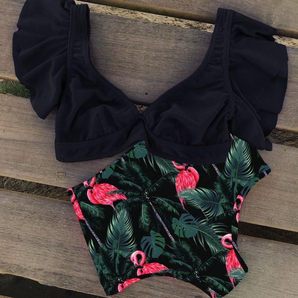 High Waist Ruffled Bikini Set Flounce Swimwear Women Two Pieces Swimsuit Swimsuit for Women Two Pieces Bathing Suits Tummy Control Flounce Top with High Waist Bottom Floral Beachwear V-neck Bathing Suit Stevvex