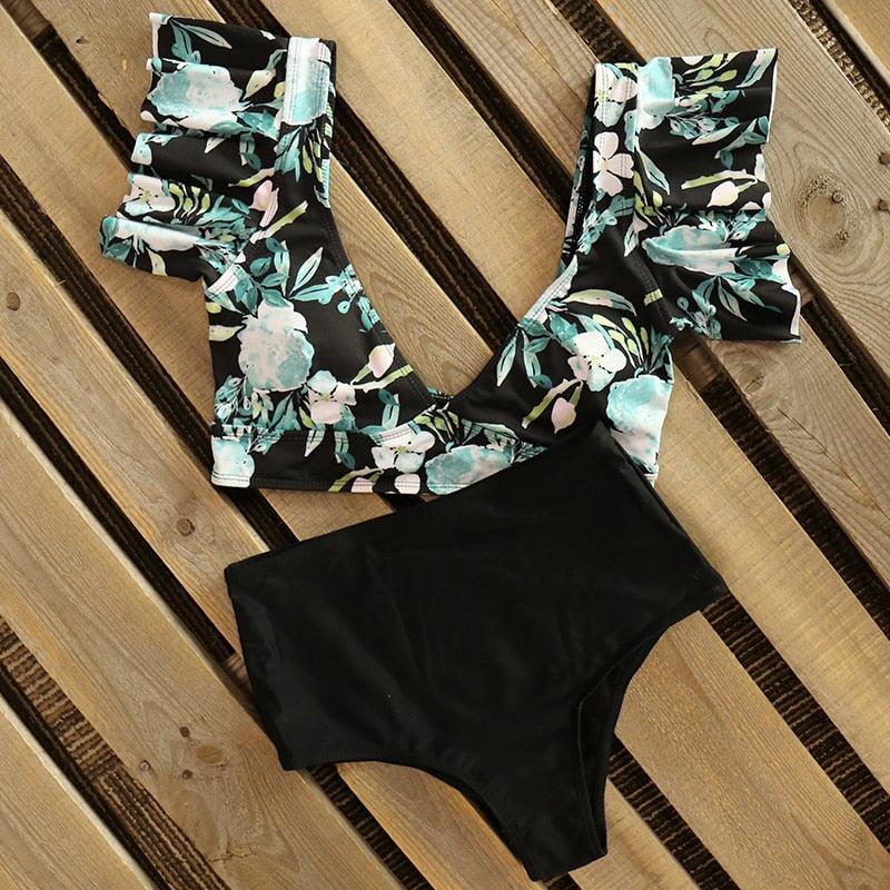 High Waist Ruffled Bikini Set Flounce Swimwear Women Two Pieces Swimsuit Swimsuit for Women Two Pieces Bathing Suits Tummy Control Flounce Top with High Waist Bottom Floral Beachwear V-neck Bathing Suit Stevvex