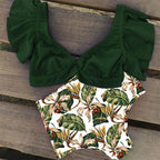 High Waist Ruffled Bikini Set Flounce Swimwear Women Two Pieces Swimsuit Swimsuit for Women Two Pieces Bathing Suits Tummy Control Flounce Top with High Waist Bottom Floral Beachwear V-neck Bathing Suit Stevvex
