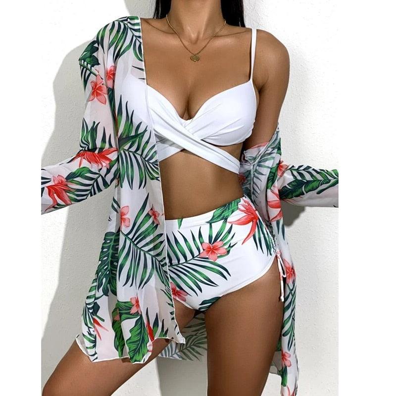 High-Waist Swimwear Set Summer Floral Print Bikini Swimsuit Beachwear Women  Push-Up Bathing Suit Tie Dye 3 Pieces Strings High Cut Bikini Set Bathing Suits Stevvex