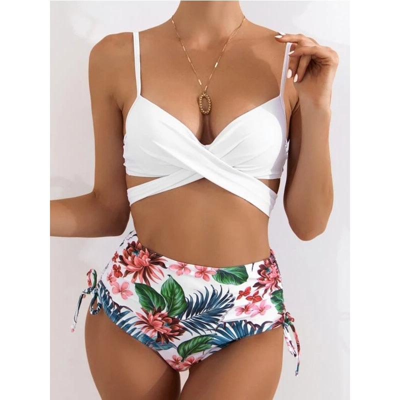 High-Waist Swimwear Set Summer Floral Print Bikini Swimsuit Beachwear Women  Push-Up Bathing Suit Tie Dye 3 Pieces Strings High Cut Bikini Set Bathing Suits Stevvex