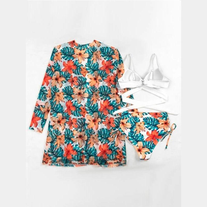 High-Waist Swimwear Set Summer Floral Print Bikini Swimsuit Beachwear Women  Push-Up Bathing Suit Tie Dye 3 Pieces Strings High Cut Bikini Set Bathing Suits Stevvex