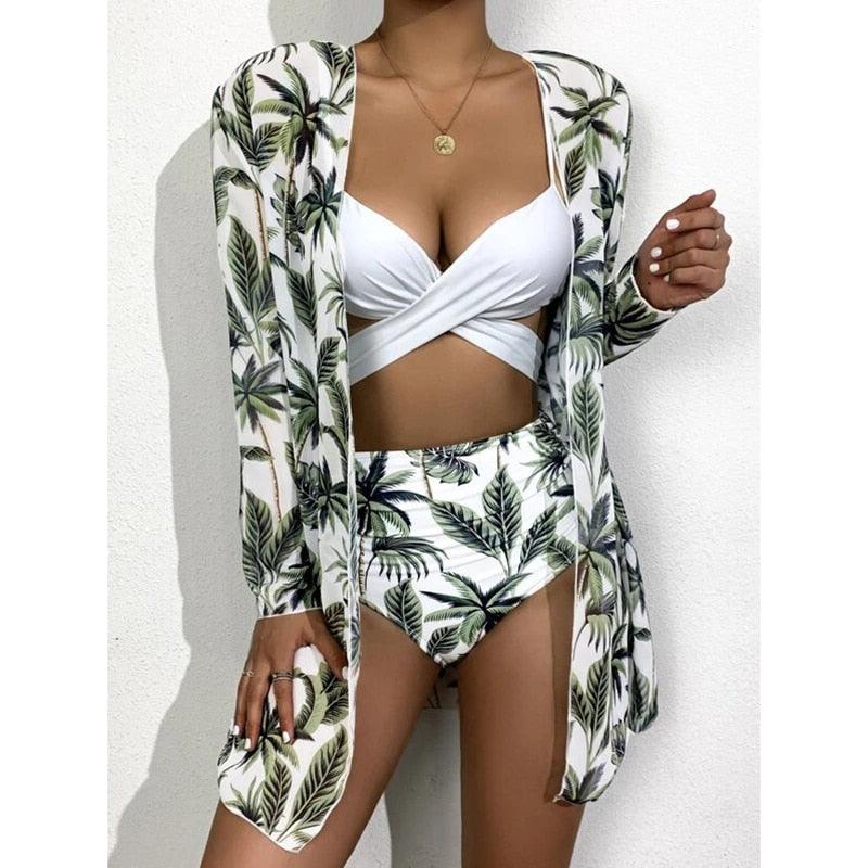 High-Waist Swimwear Set Summer Floral Print Bikini Swimsuit Beachwear Women  Push-Up Bathing Suit Tie Dye 3 Pieces Strings High Cut Bikini Set Bathing Suits Stevvex