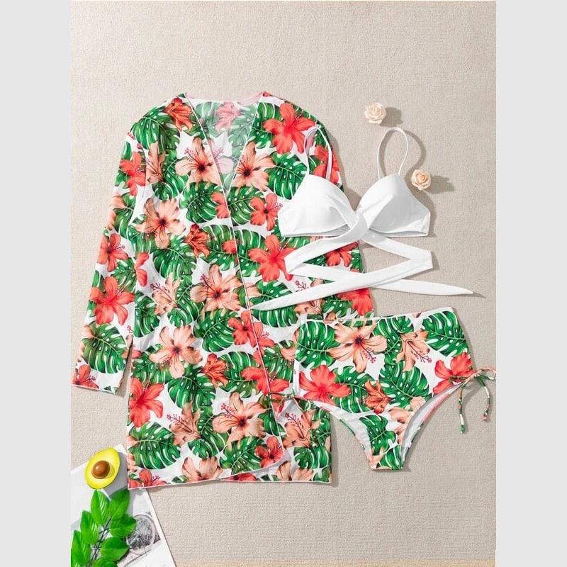 High-Waist Swimwear Set Summer Floral Print Bikini Swimsuit Beachwear Women  Push-Up Bathing Suit Tie Dye 3 Pieces Strings High Cut Bikini Set Bathing Suits Stevvex