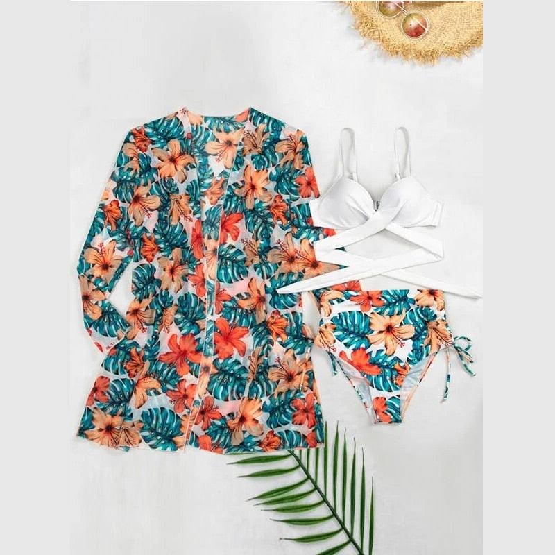 High-Waist Swimwear Set Summer Floral Print Bikini Swimsuit Beachwear Women  Push-Up Bathing Suit Tie Dye 3 Pieces Strings High Cut Bikini Set Bathing Suits Stevvex