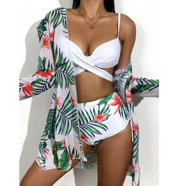 High-Waist Swimwear Set Summer Floral Print Bikini Swimsuit Beachwear Women  Push-Up Bathing Suit Tie Dye 3 Pieces Strings High Cut Bikini Set Bathing Suits Stevvex