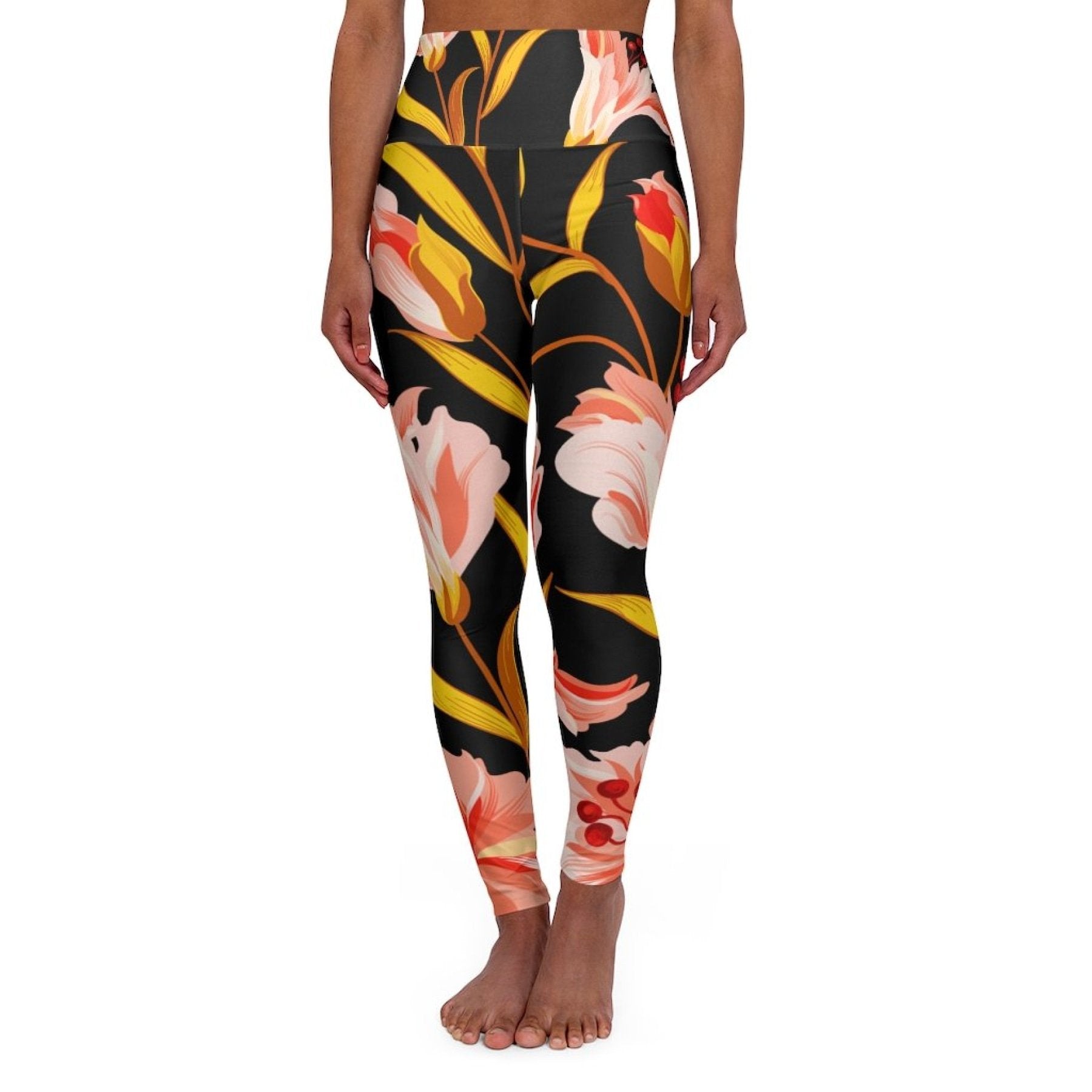 Womens High Waist Fitness Leggings - Pink and Gold Floral