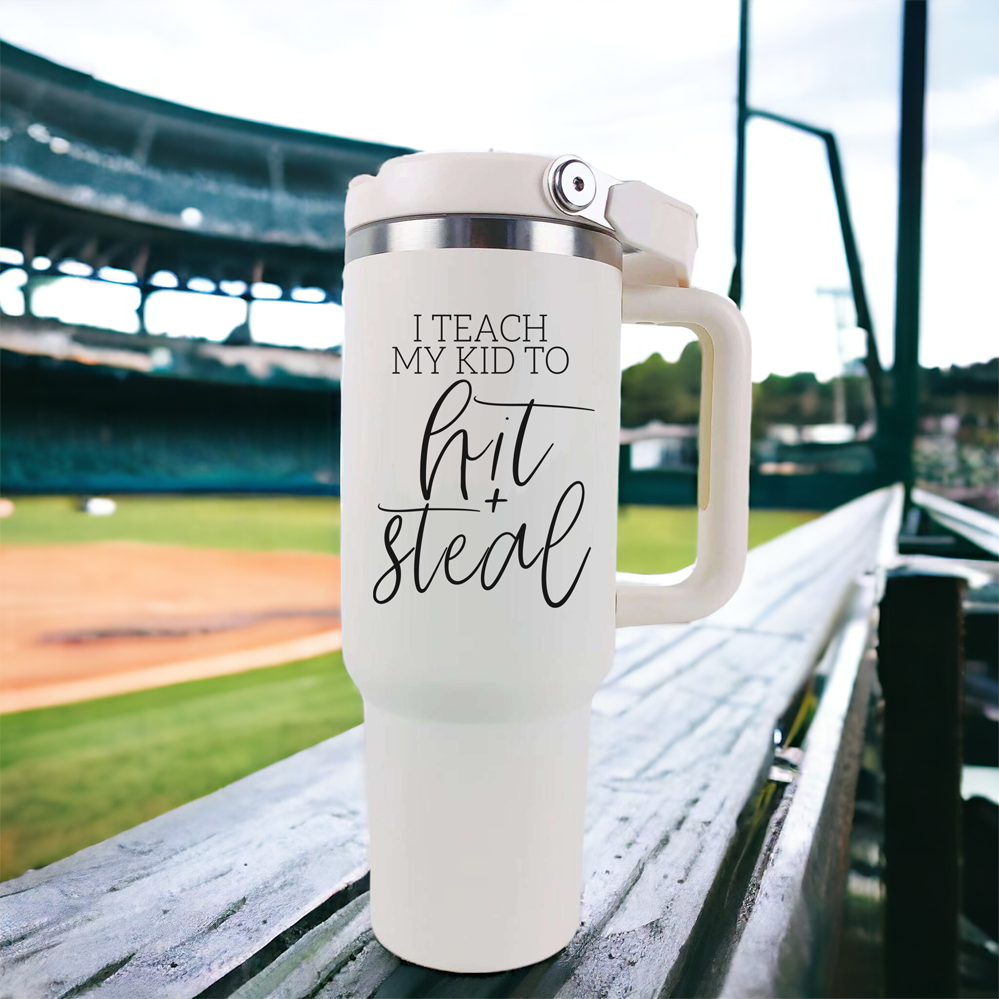 Baseball Mom Tumbler With Handle I Teach My Kid To Hit And Steal Travel Cup BandsCo Straps