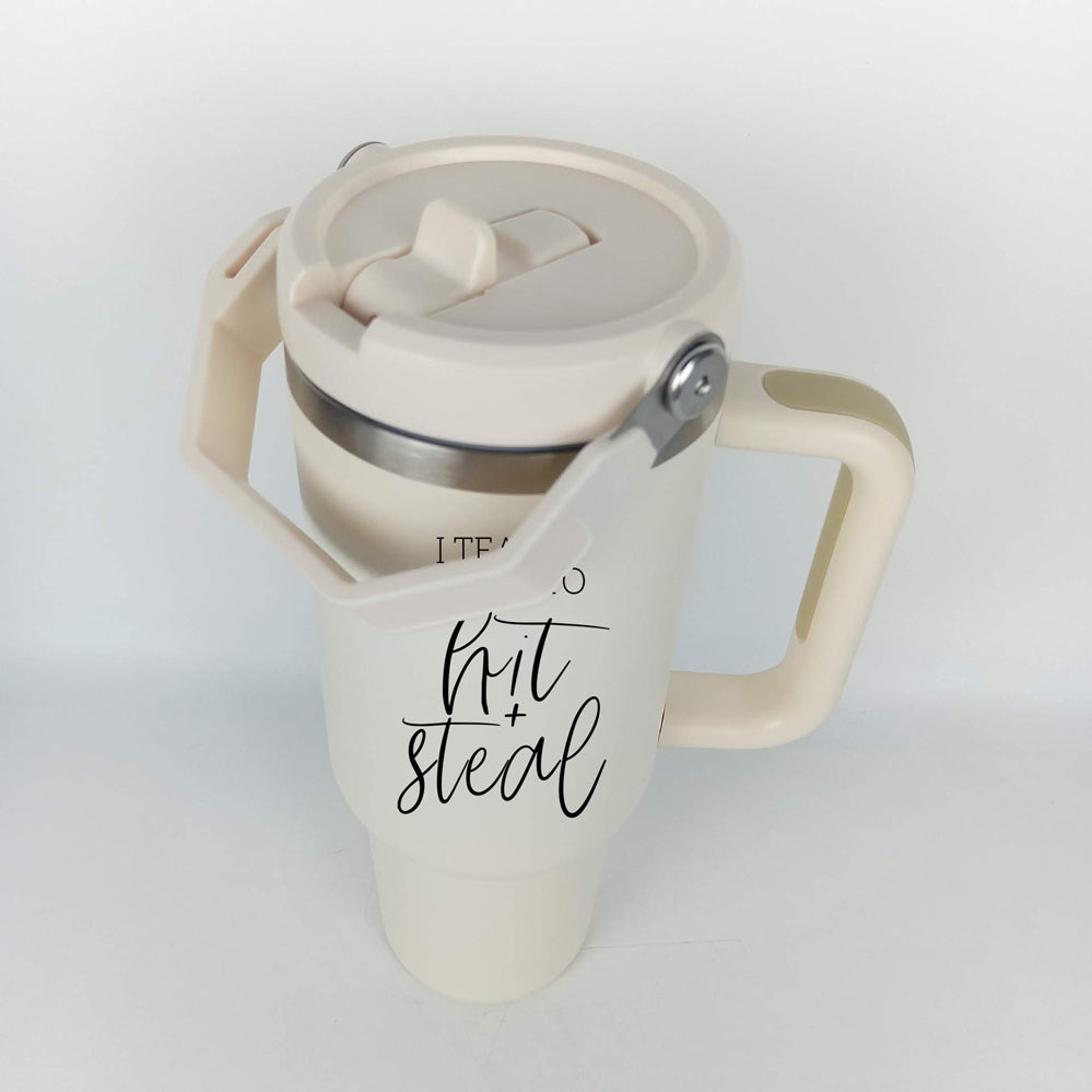 Baseball Mom Tumbler With Handle I Teach My Kid To Hit And Steal Travel Cup BandsCo Straps