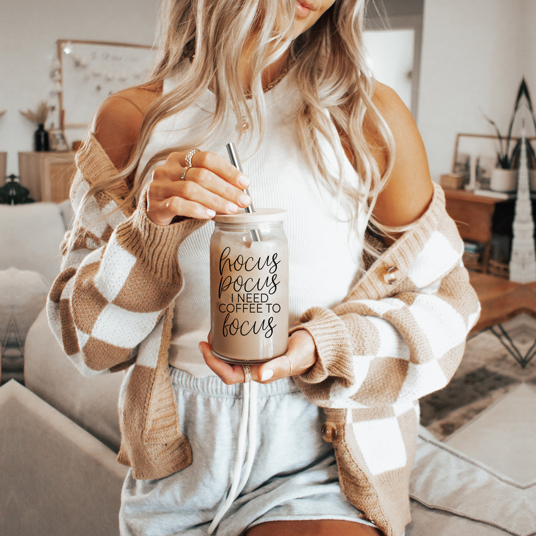 Hocus Pocus 17oz Glass Tumbler Bamboo Lid, Stainless Straws, Coffee Quote BandsCo Straps
