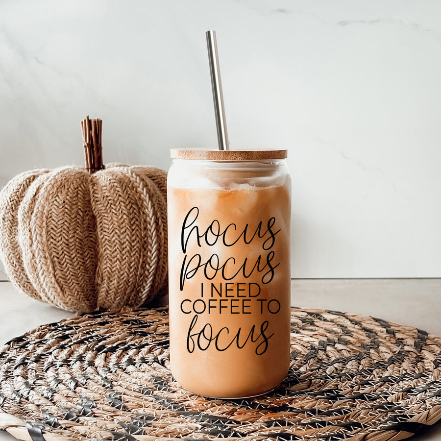 Hocus Pocus 17oz Glass Tumbler Bamboo Lid, Stainless Straws, Coffee Quote BandsCo Straps