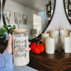 Hocus Pocus 17oz Glass Tumbler Bamboo Lid, Stainless Straws, Coffee Quote BandsCo Straps