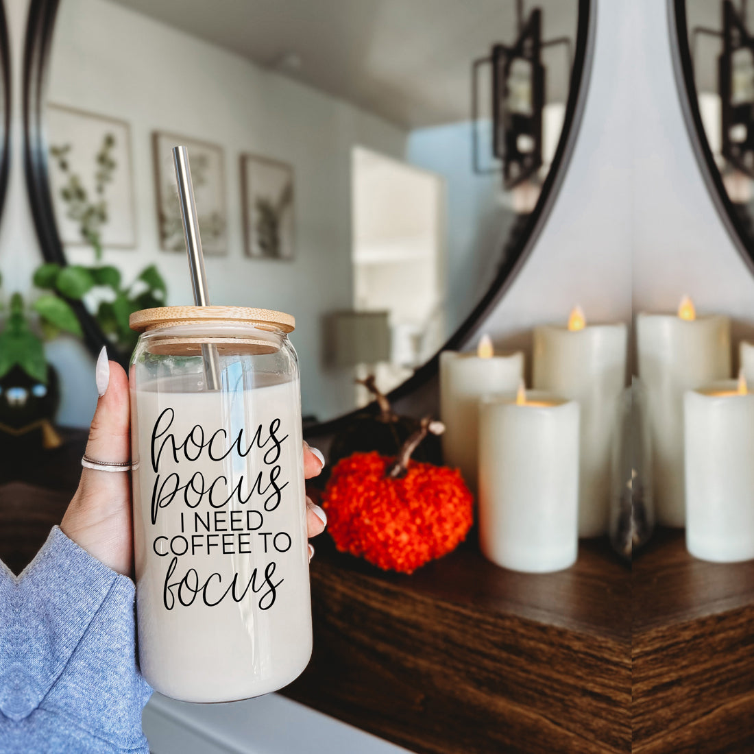 Hocus Pocus 17oz Glass Tumbler Bamboo Lid, Stainless Straws, Coffee Quote BandsCo Straps