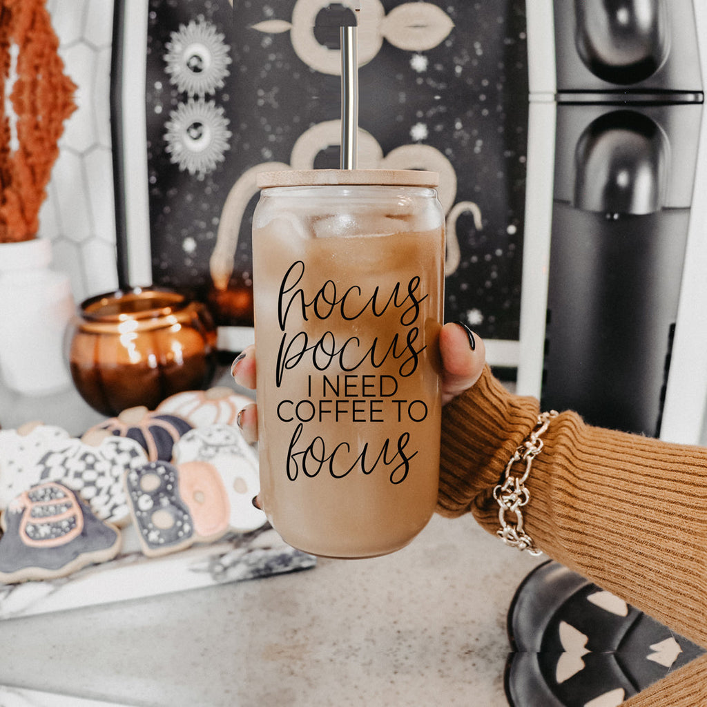 Hocus Pocus 17oz Glass Tumbler Bamboo Lid, Stainless Straws, Coffee Quote BandsCo Straps