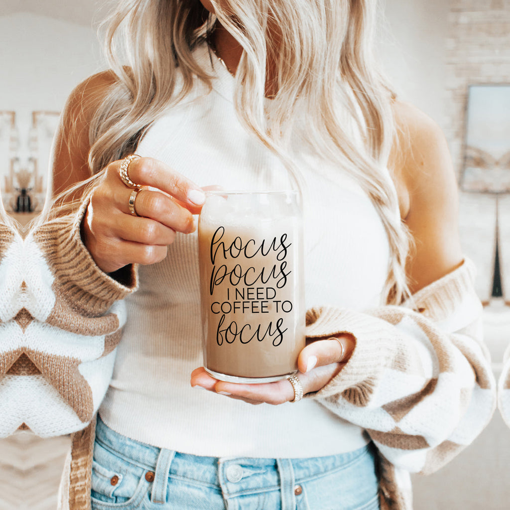 Hocus Pocus 17oz Glass Tumbler Bamboo Lid, Stainless Straws, Coffee Quote BandsCo Straps