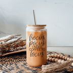 Hocus Pocus 17oz Glass Tumbler Bamboo Lid, Stainless Straws, Coffee Quote BandsCo Straps