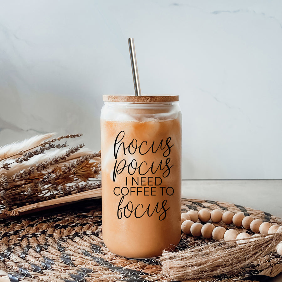 Hocus Pocus 17oz Glass Tumbler Bamboo Lid, Stainless Straws, Coffee Quote BandsCo Straps