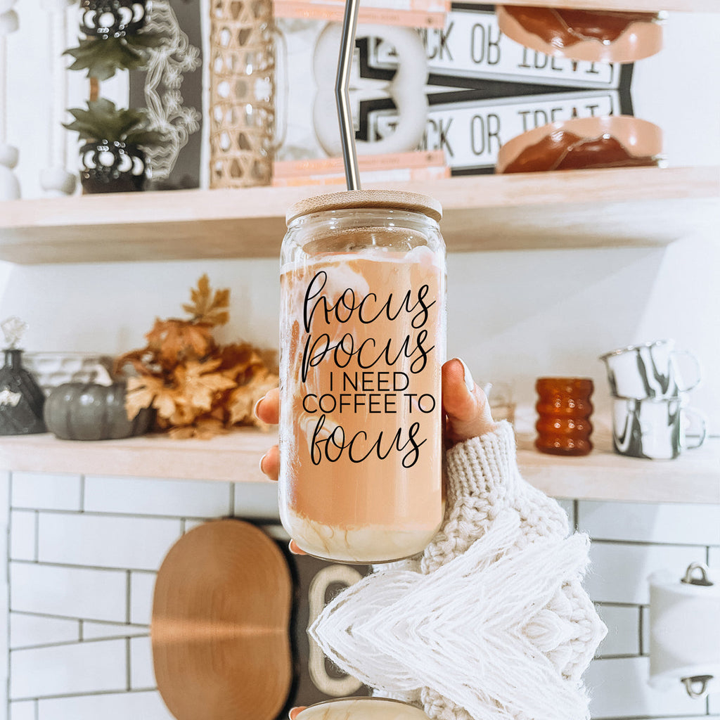 Hocus Pocus 17oz Glass Tumbler Bamboo Lid, Stainless Straws, Coffee Quote BandsCo Straps