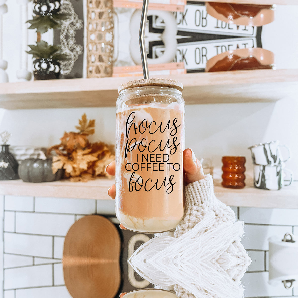 Hocus Pocus 17oz Glass Tumbler Bamboo Lid, Stainless Straws, Coffee Quote BandsCo Straps