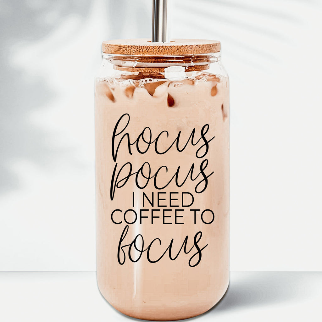 Hocus Pocus 17oz Glass Tumbler Bamboo Lid, Stainless Straws, Coffee Quote BandsCo Straps