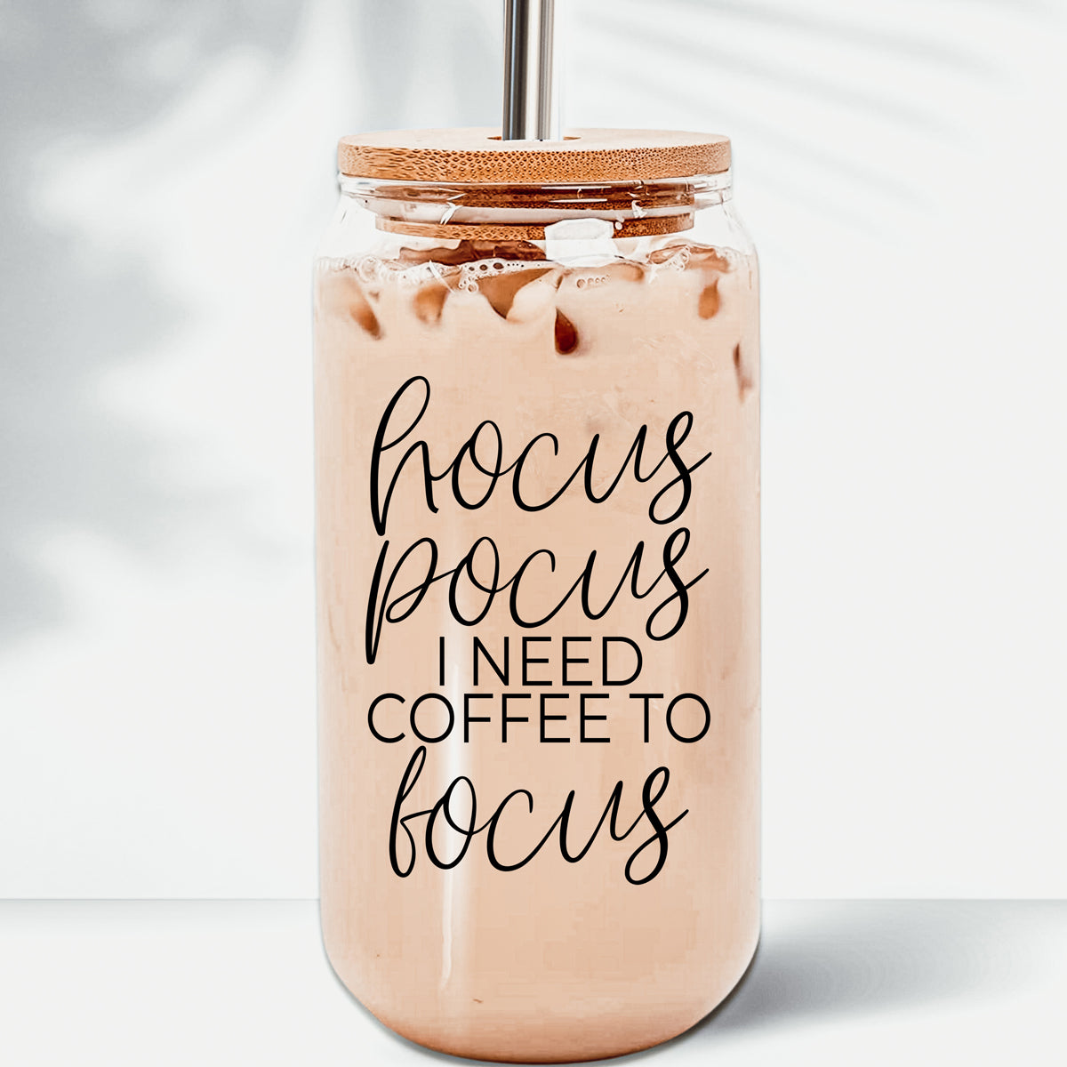 Hocus Pocus 17oz Glass Tumbler Bamboo Lid, Stainless Straws, Coffee Quote BandsCo Straps