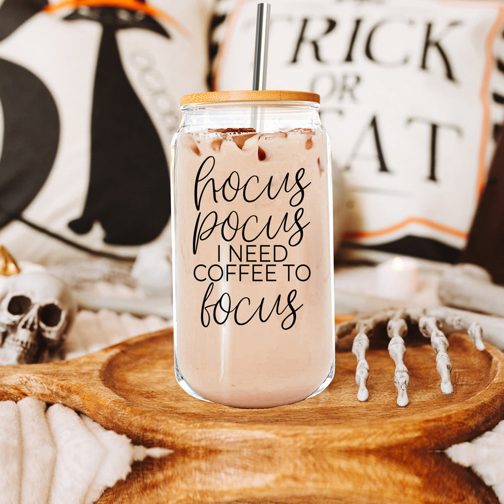 Hocus Pocus 17oz Glass Tumbler Bamboo Lid, Stainless Straws, Coffee Quote BandsCo Straps