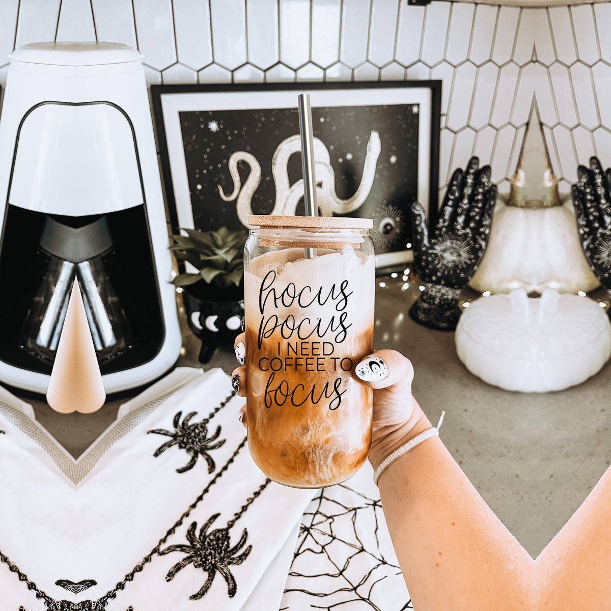 Hocus Pocus 17oz Glass Tumbler Bamboo Lid, Stainless Straws, Coffee Quote BandsCo Straps