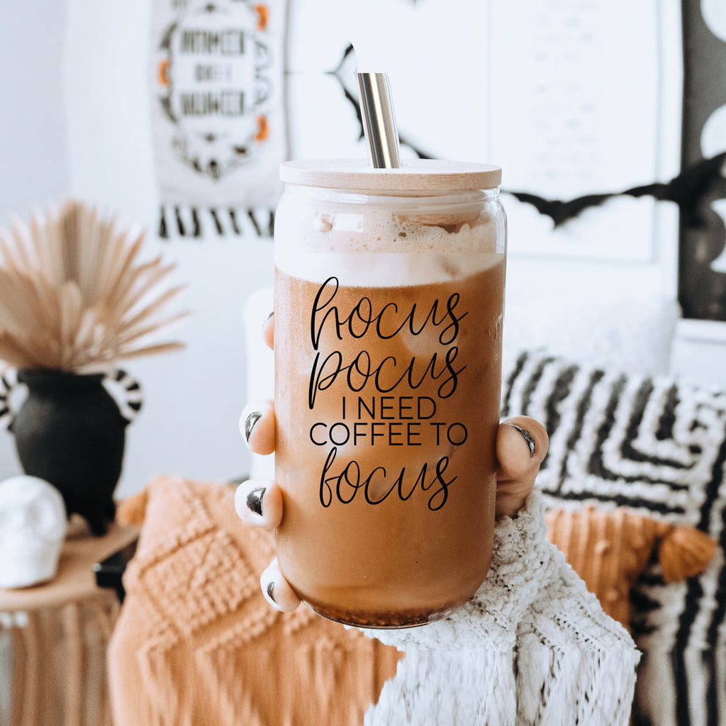 Hocus Pocus 17oz Glass Tumbler Bamboo Lid, Stainless Straws, Coffee Quote BandsCo Straps